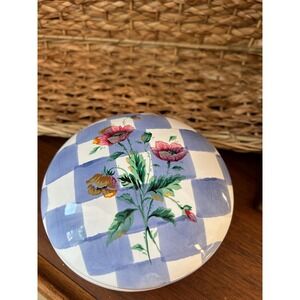 Blue and White Checked Floral Ceramic Canister Jar with Lid, Round Kitchen Decor